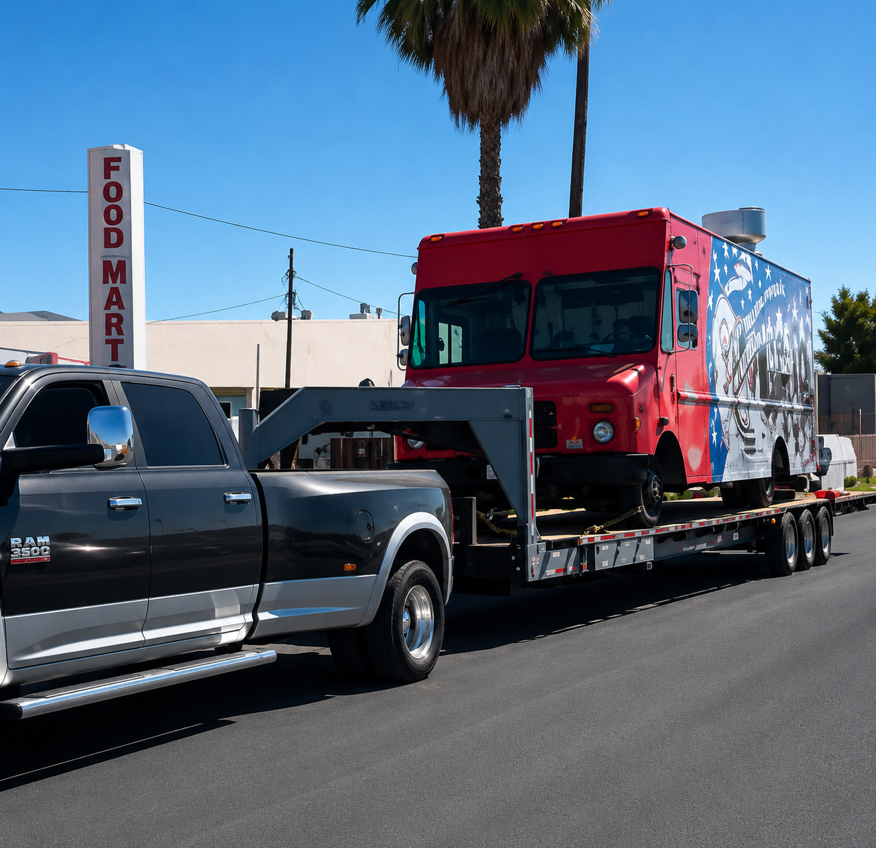 Red food truck loaded on a Johnny's Lightning Transportation gooseneck trailer behind a Ram 3500 dually